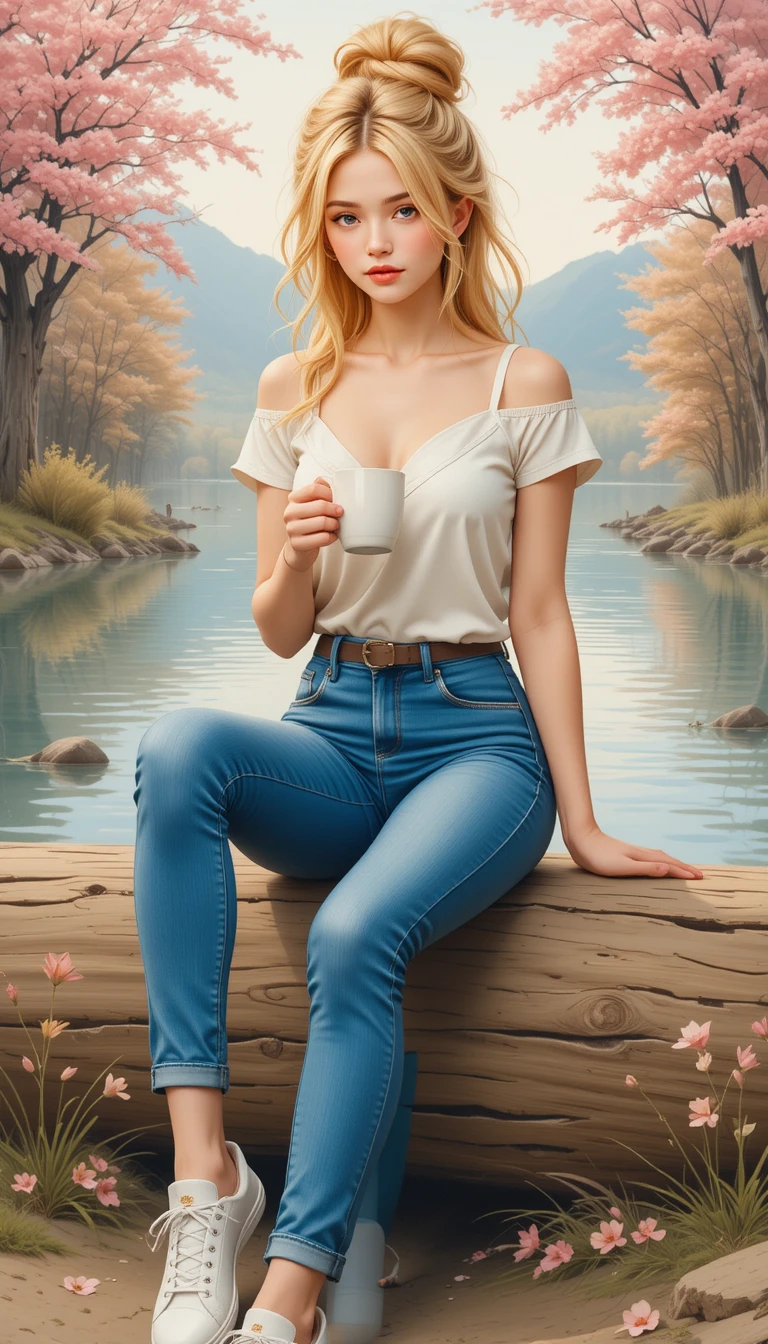 Young woman on riverside bench with pastel coffee cup