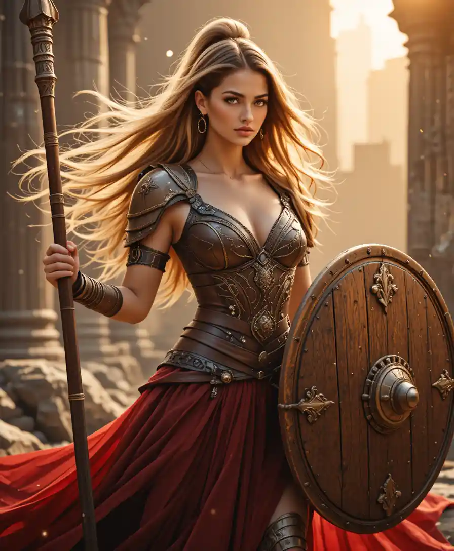 Blonde warrior woman in red dress amid ancient ruins
