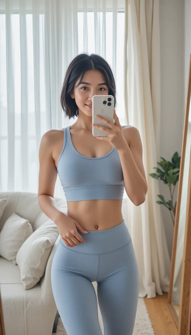 Fit young woman mirror selfie in bright cozy living room