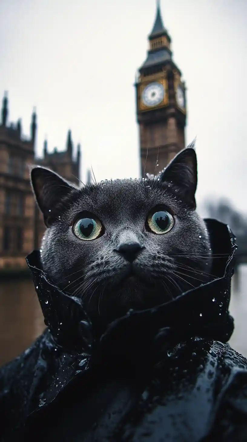 Chat gris faisant un selfie près de Big Ben sous la pluie
