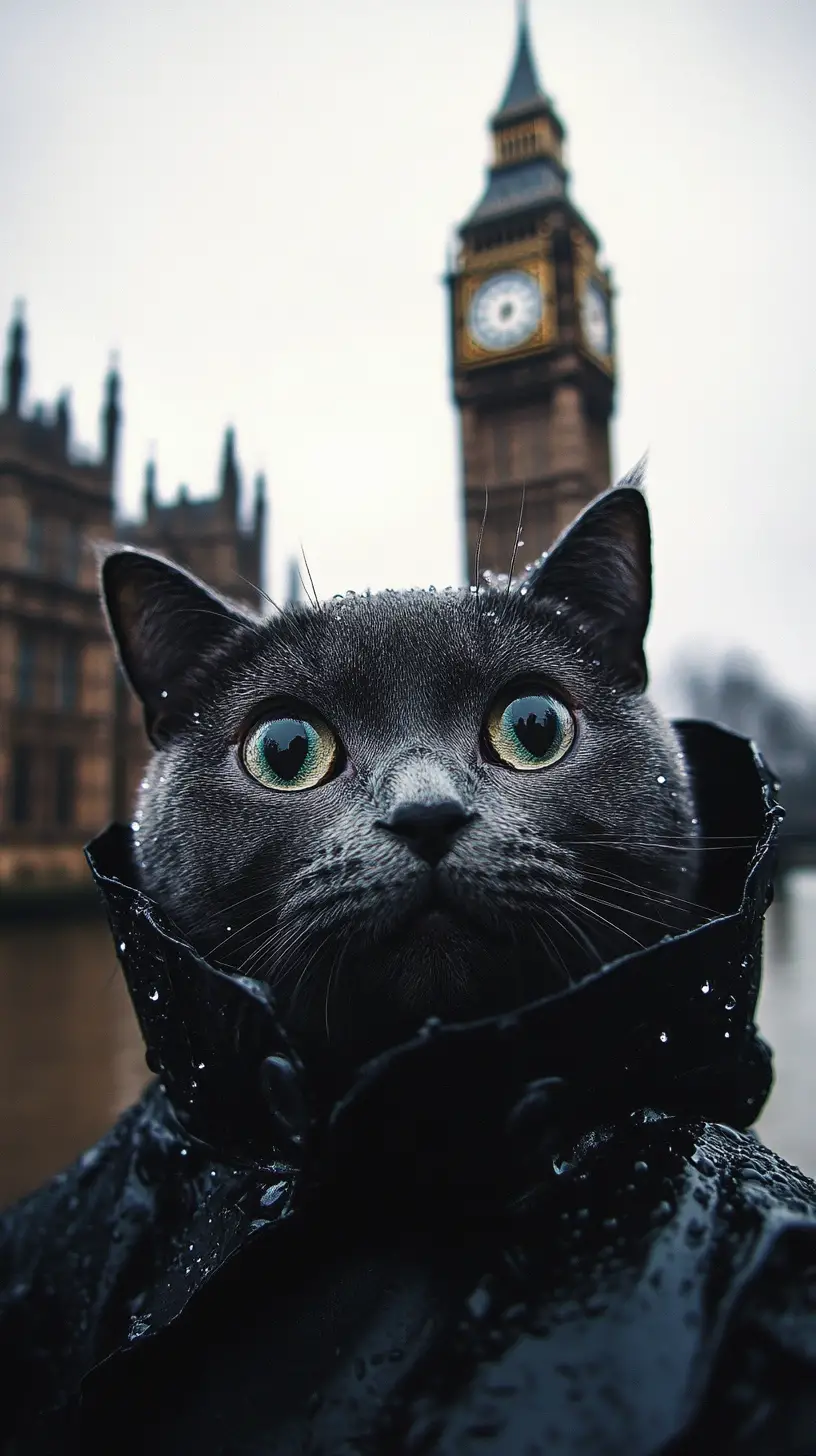 Chat gris faisant un selfie près de Big Ben sous la pluie