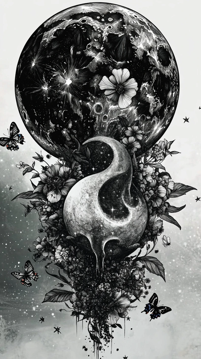 Lua crescente surreal derretendo em um design floral em flor