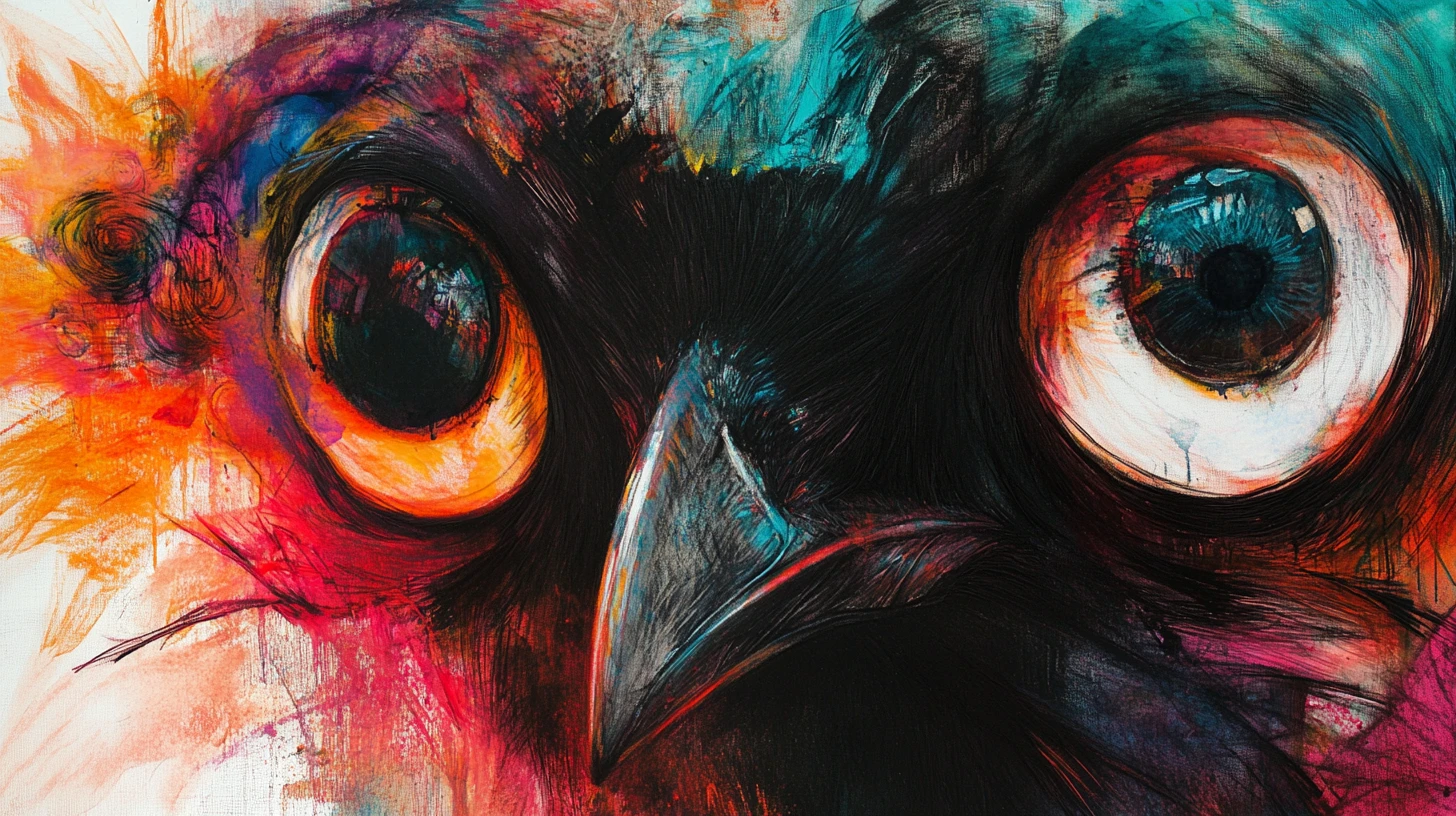 Figura di pinguino astratta con grandi occhi colorati e misteriosi