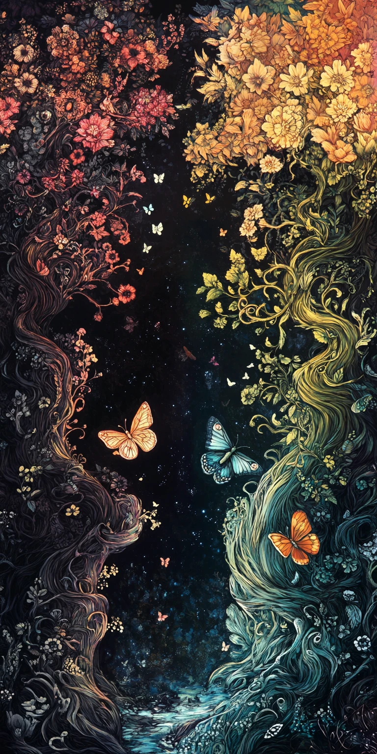 Mariposa en un paisaje fantástico de Yin Yang en espiral