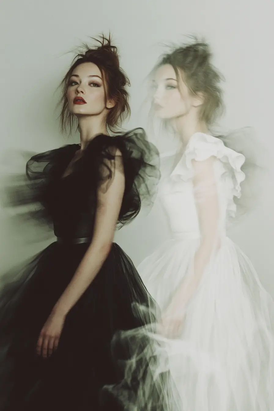 Portrait de mode en pose longue d’une femme en robe sombre