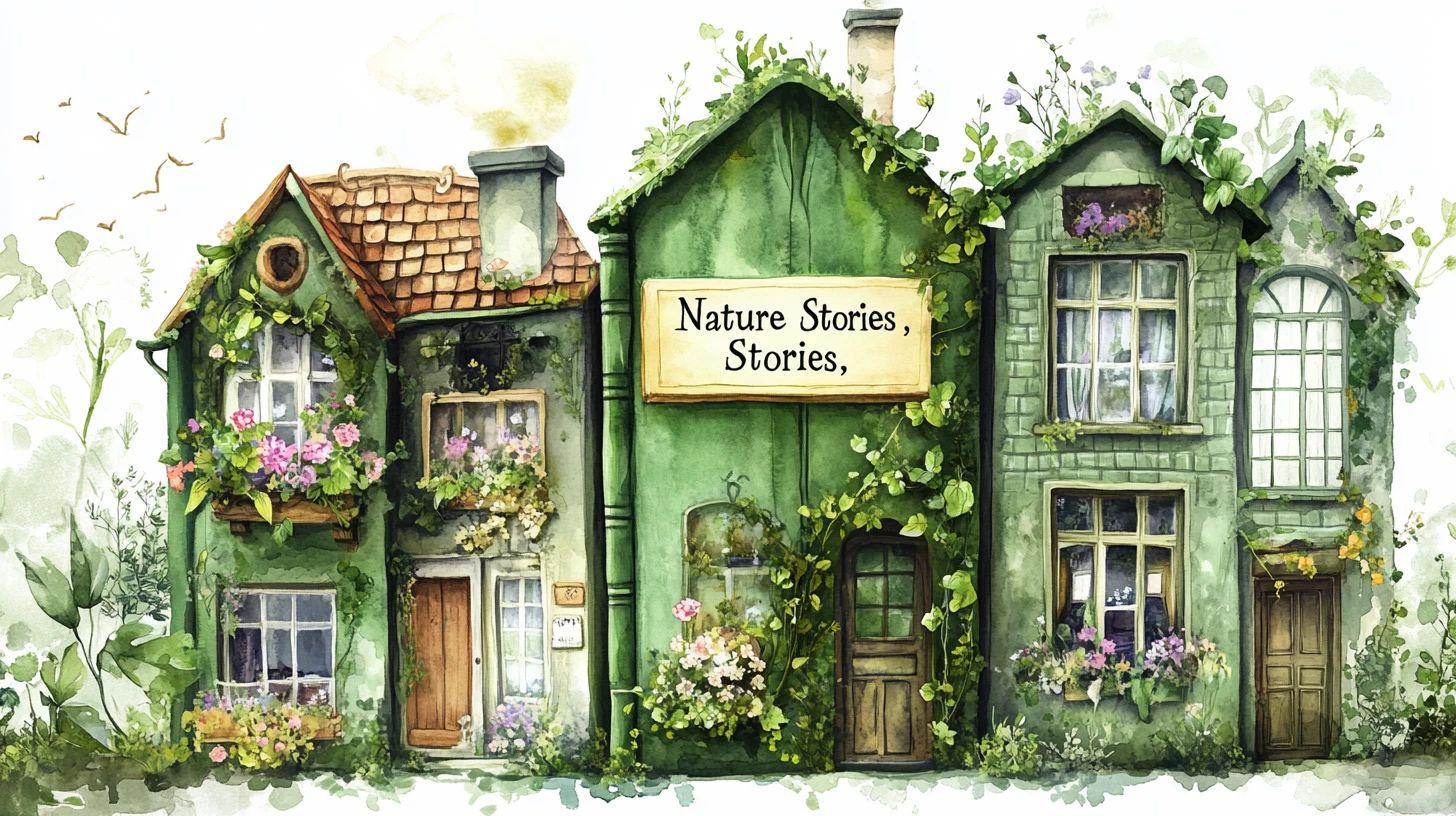 Casa-livro verde fantasiosa com flores e trepadeiras
