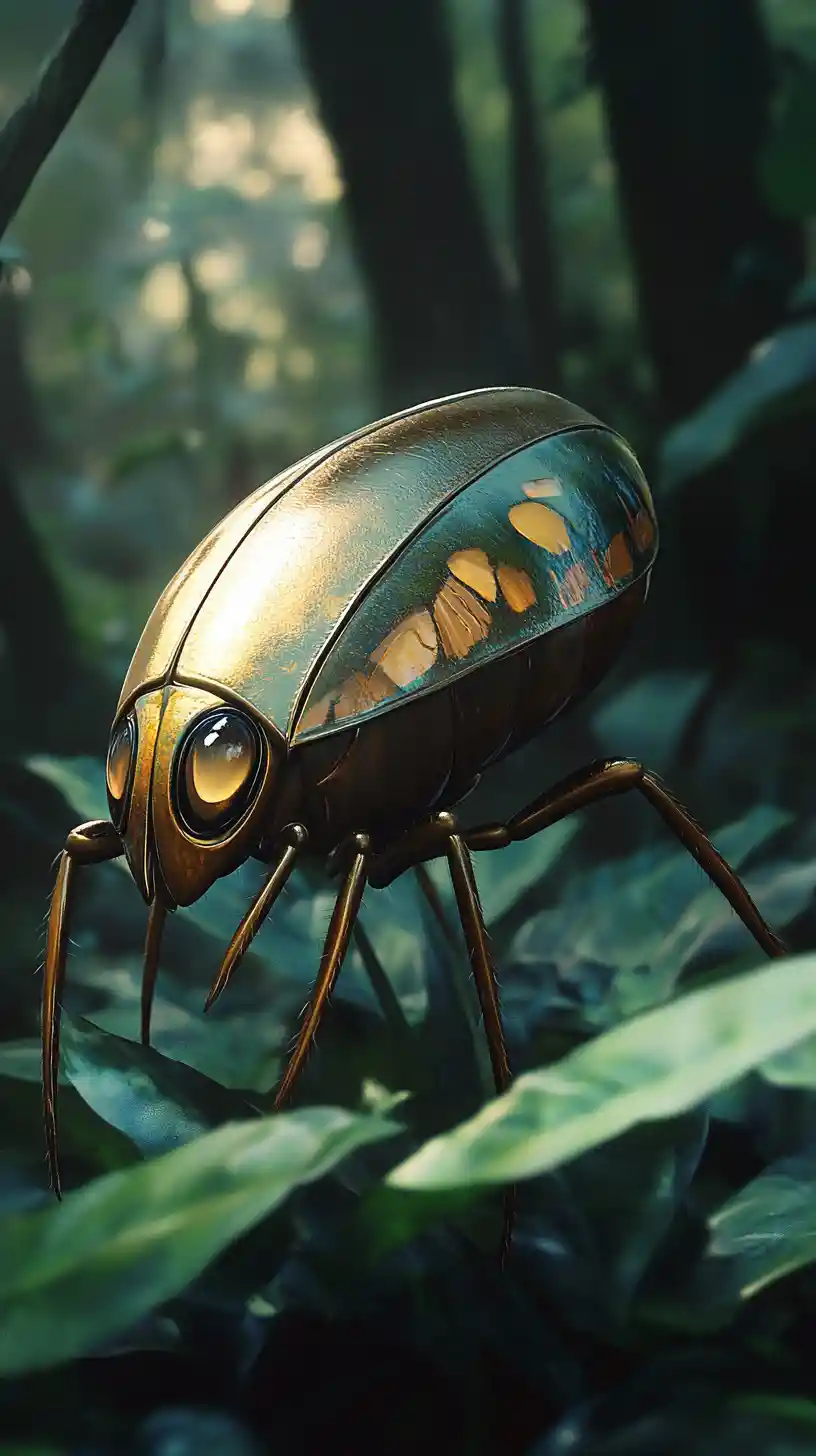 Stylized cockroach with gentle eyes resting in a forest