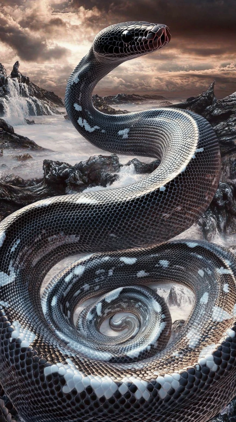 Coiled Python With Raised Head In Dark Dramatic Lighting