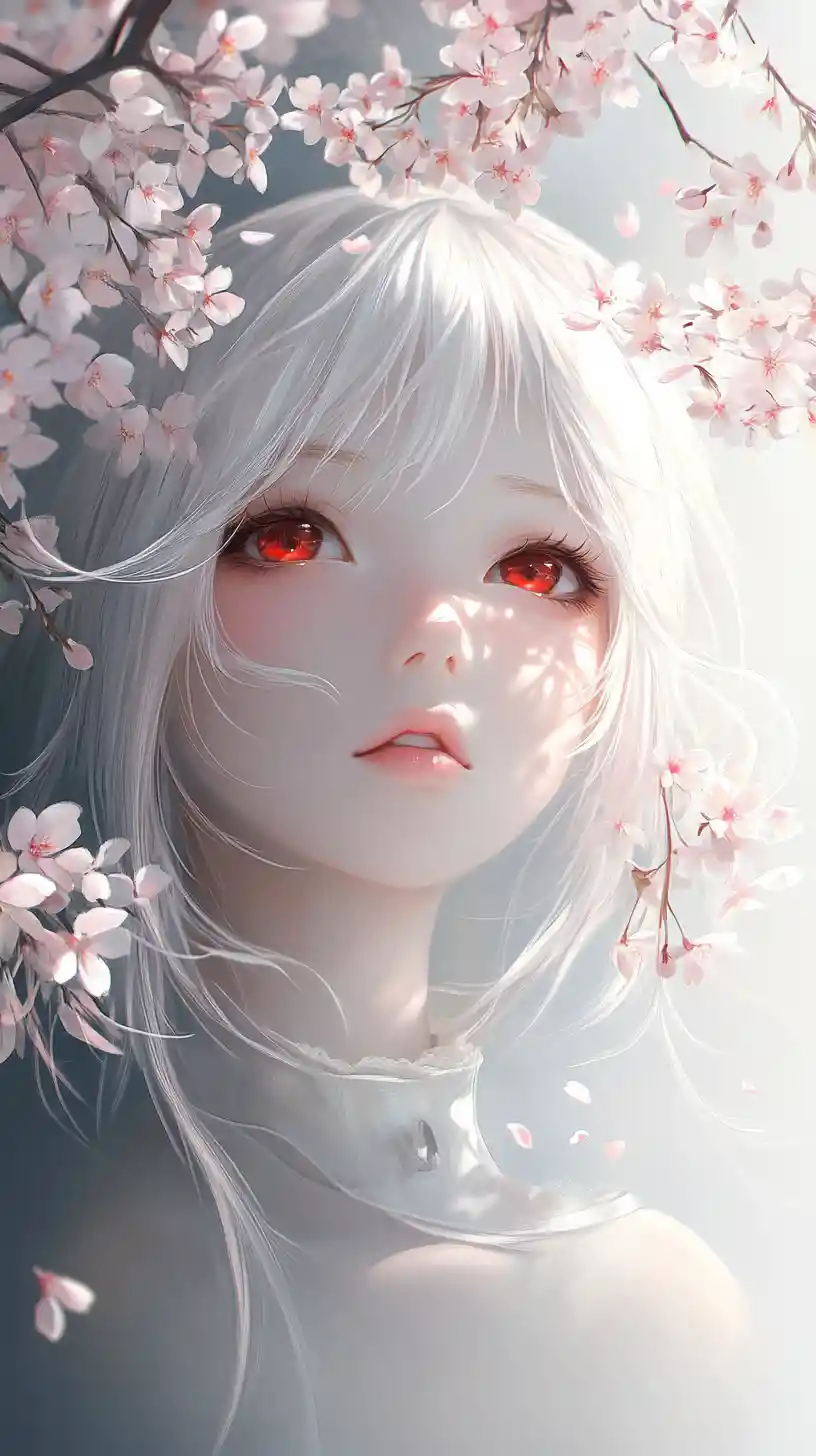 Chica de anime con flores de cerezo y ojos rojos brillantes