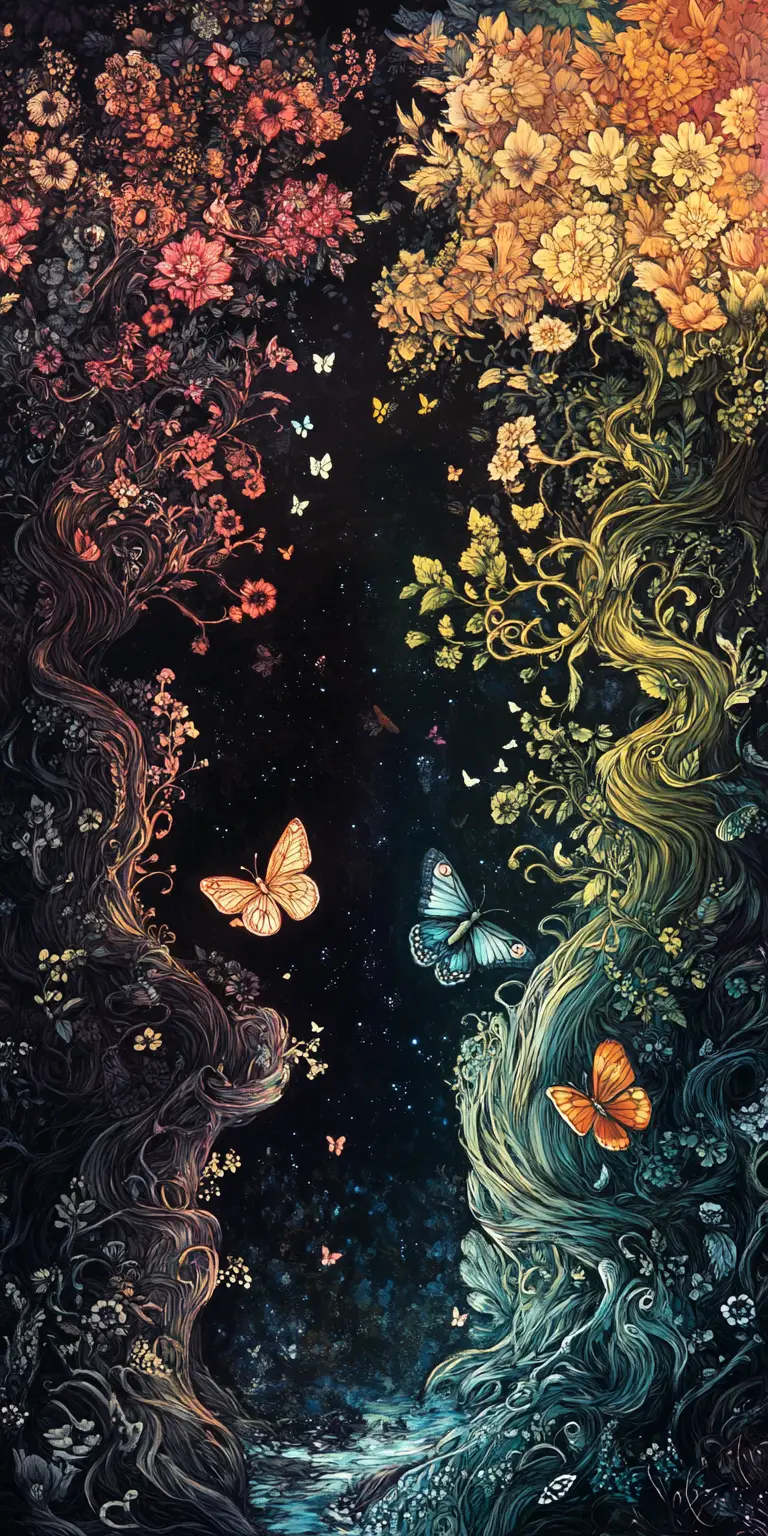 Papillon dans un paysage fantastique Yin Yang tourbillonnant