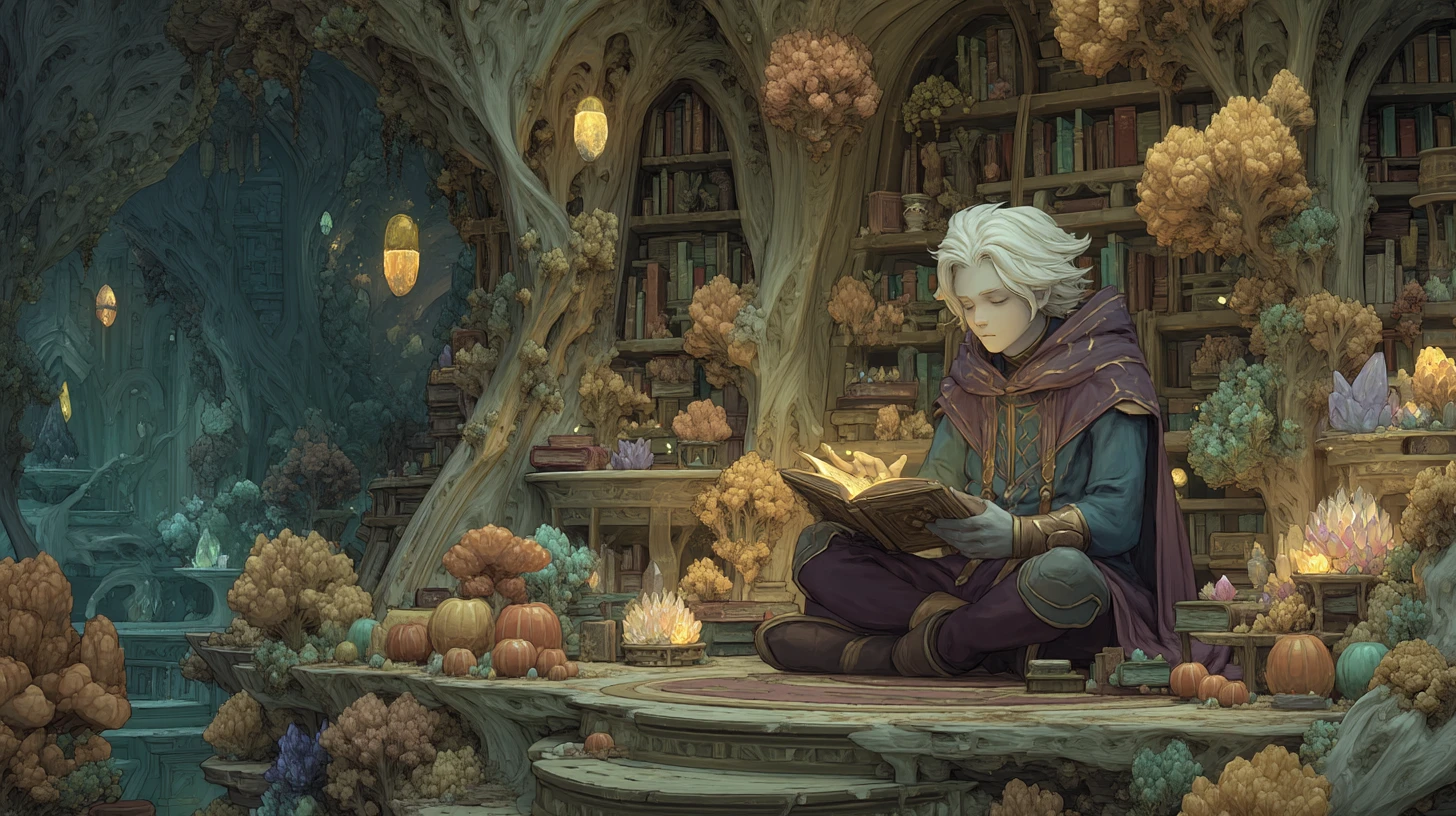 Elven mage reading in a glowing crystal library