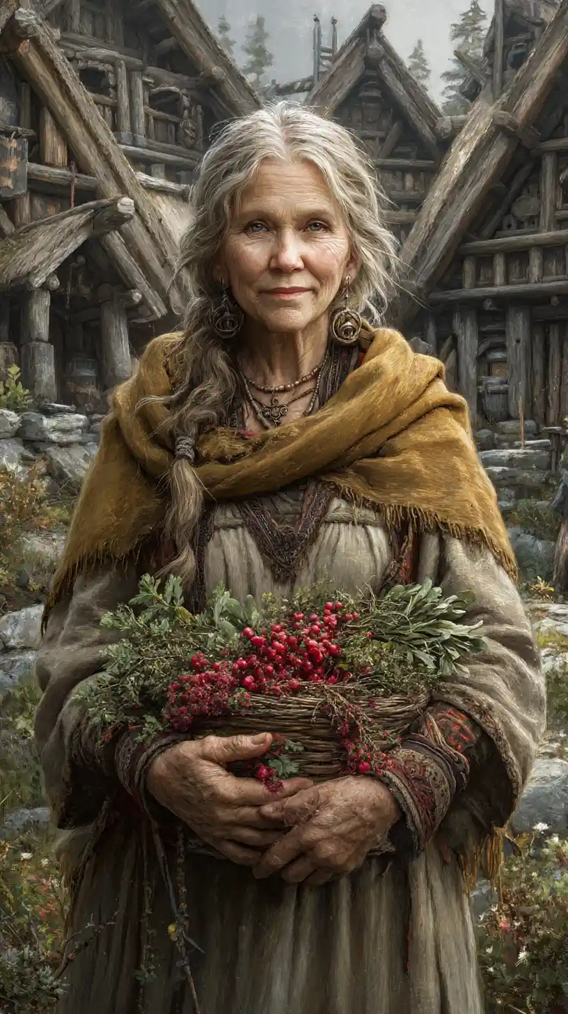 Elderly village herbalist holding berries and herbs outdoors