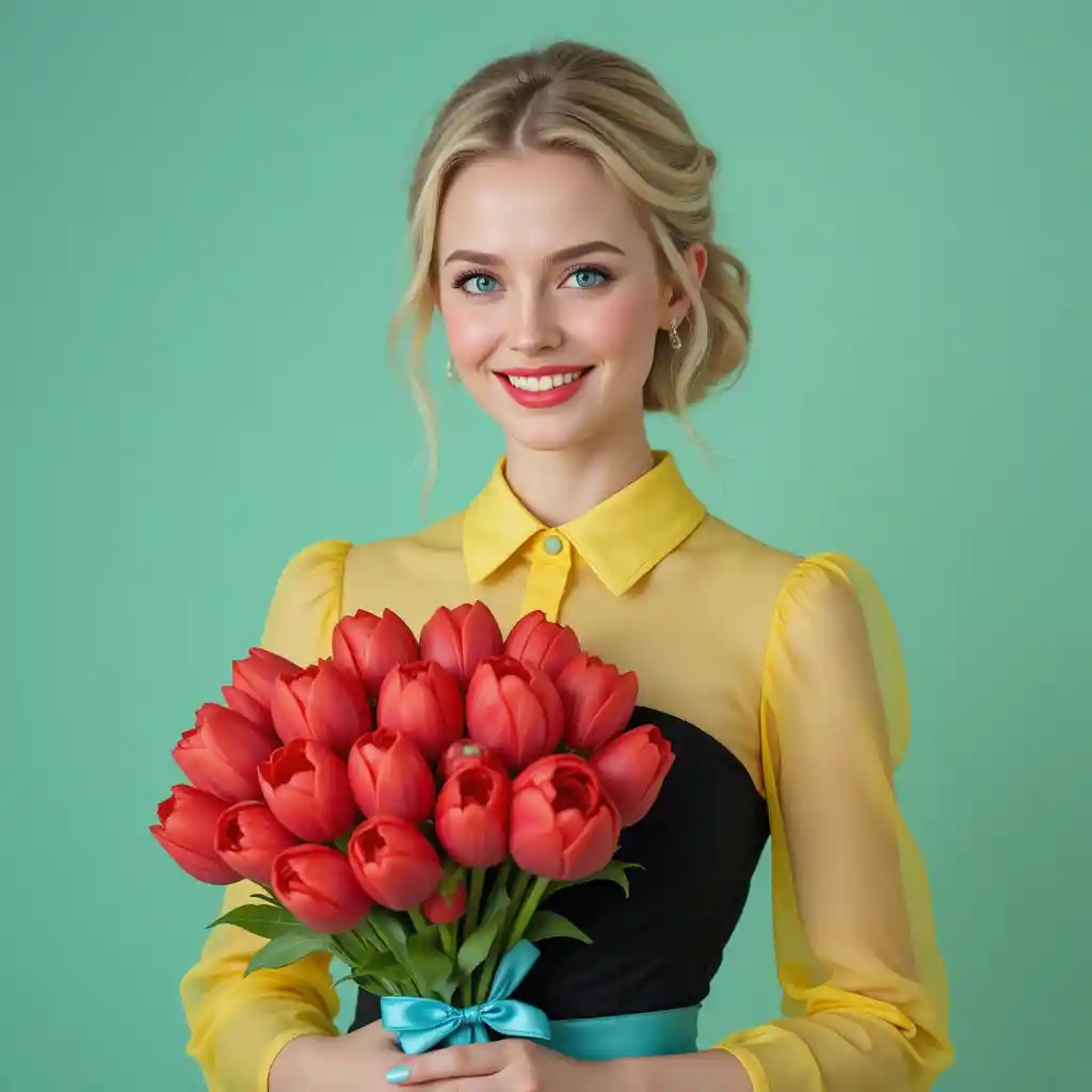 Cheerful blonde girl in yellow dress holding red tulips