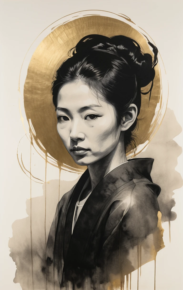 Sumi e ink portrait of a mystical oracle with halo