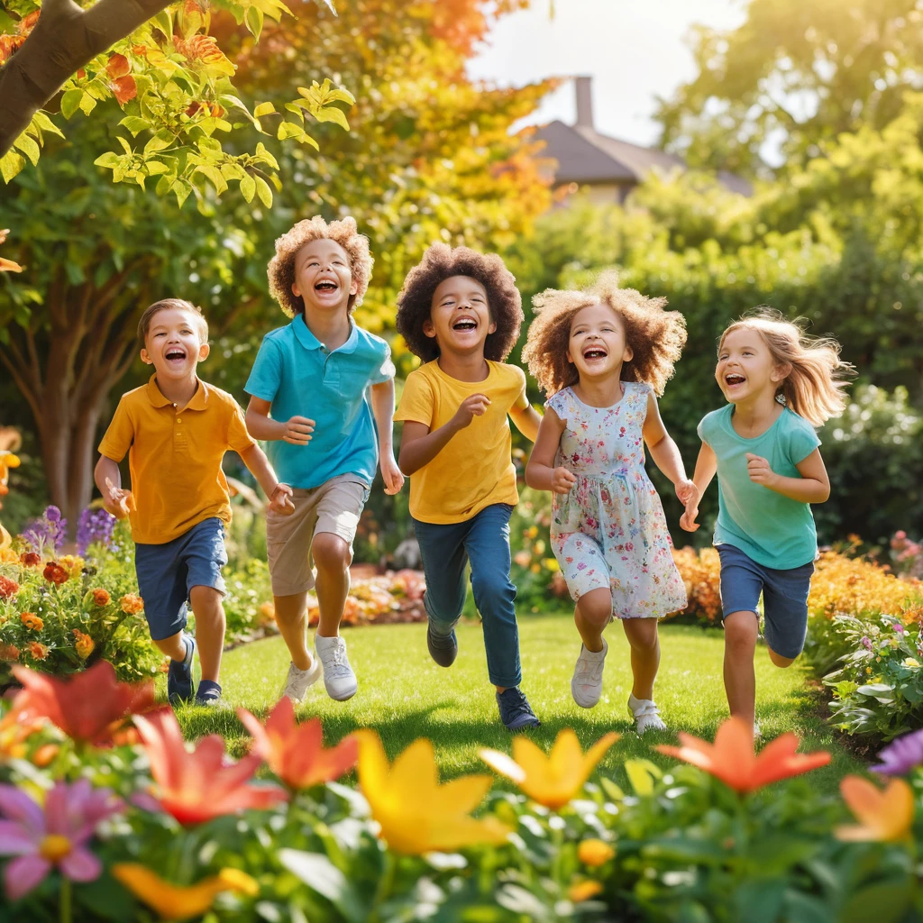 Enfants heureux jouant ensemble dans un jardin fleuri ensoleillé