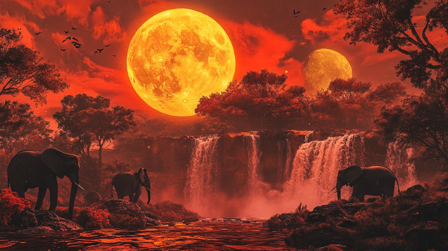 Silhuetas de elefantes em uma savana vermelha sob uma lua gigante