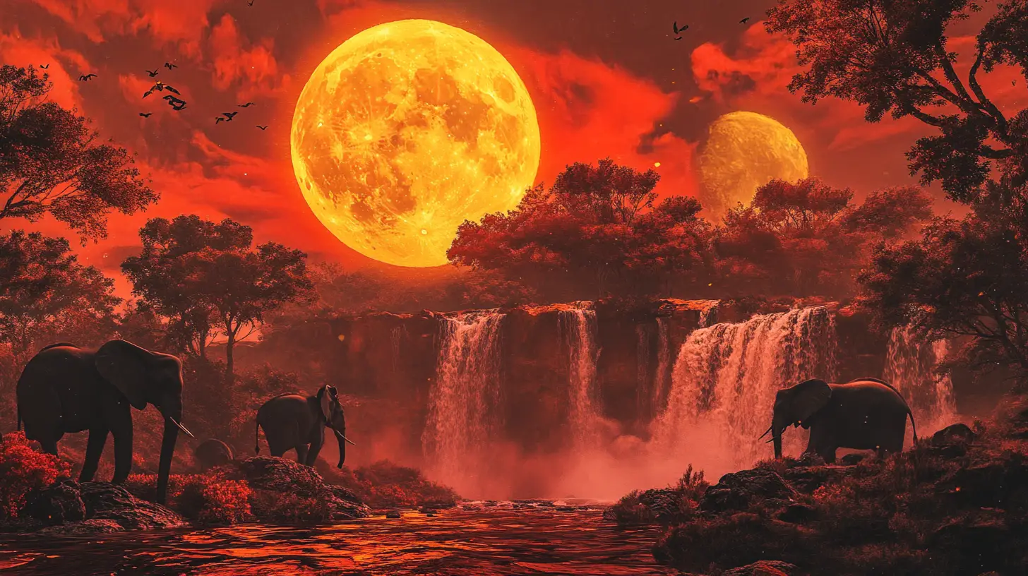 Elephant silhouettes in a red savannah under a giant moon