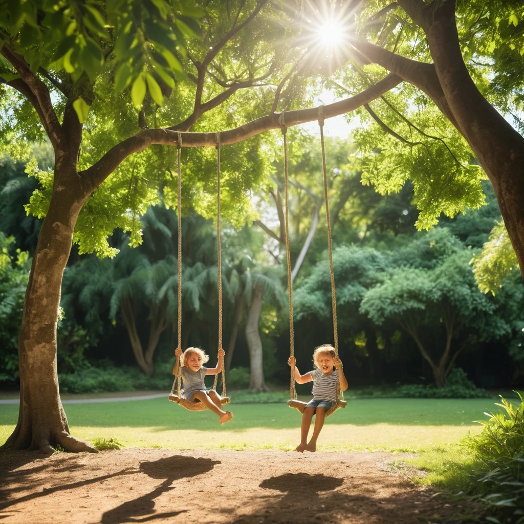 Enfants jouant sur une balançoire en corde sous les arbres feuillus de la forêt