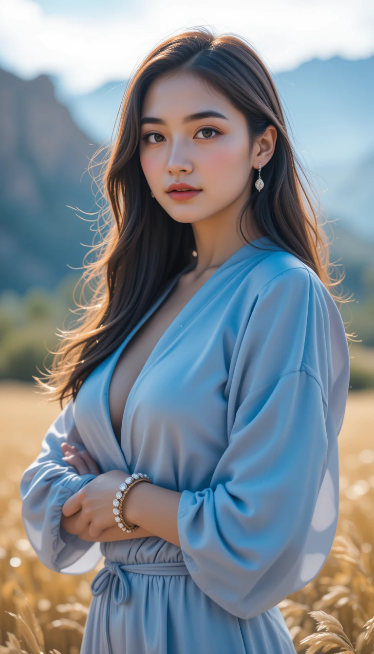 Confident woman portrait in casual fashion with studio backdrop