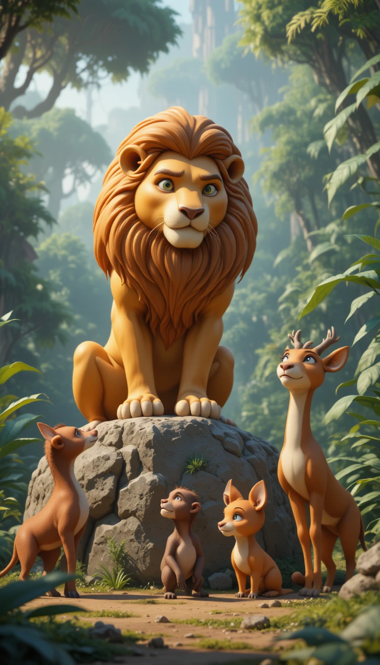 Majestic lion on rock with jungle animals gathered below