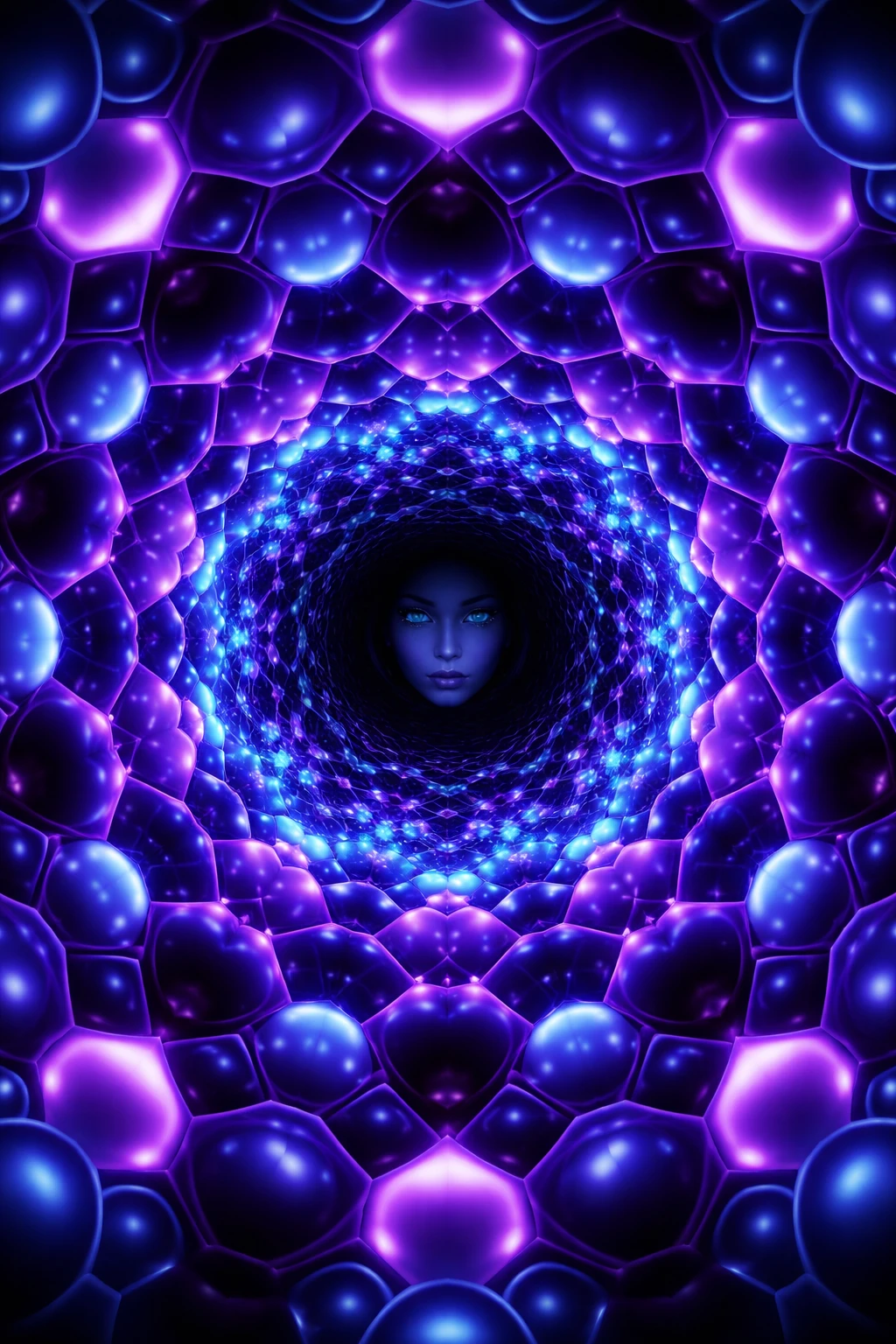 Spiraling geometric tunnel with glowing blue and purple shapes