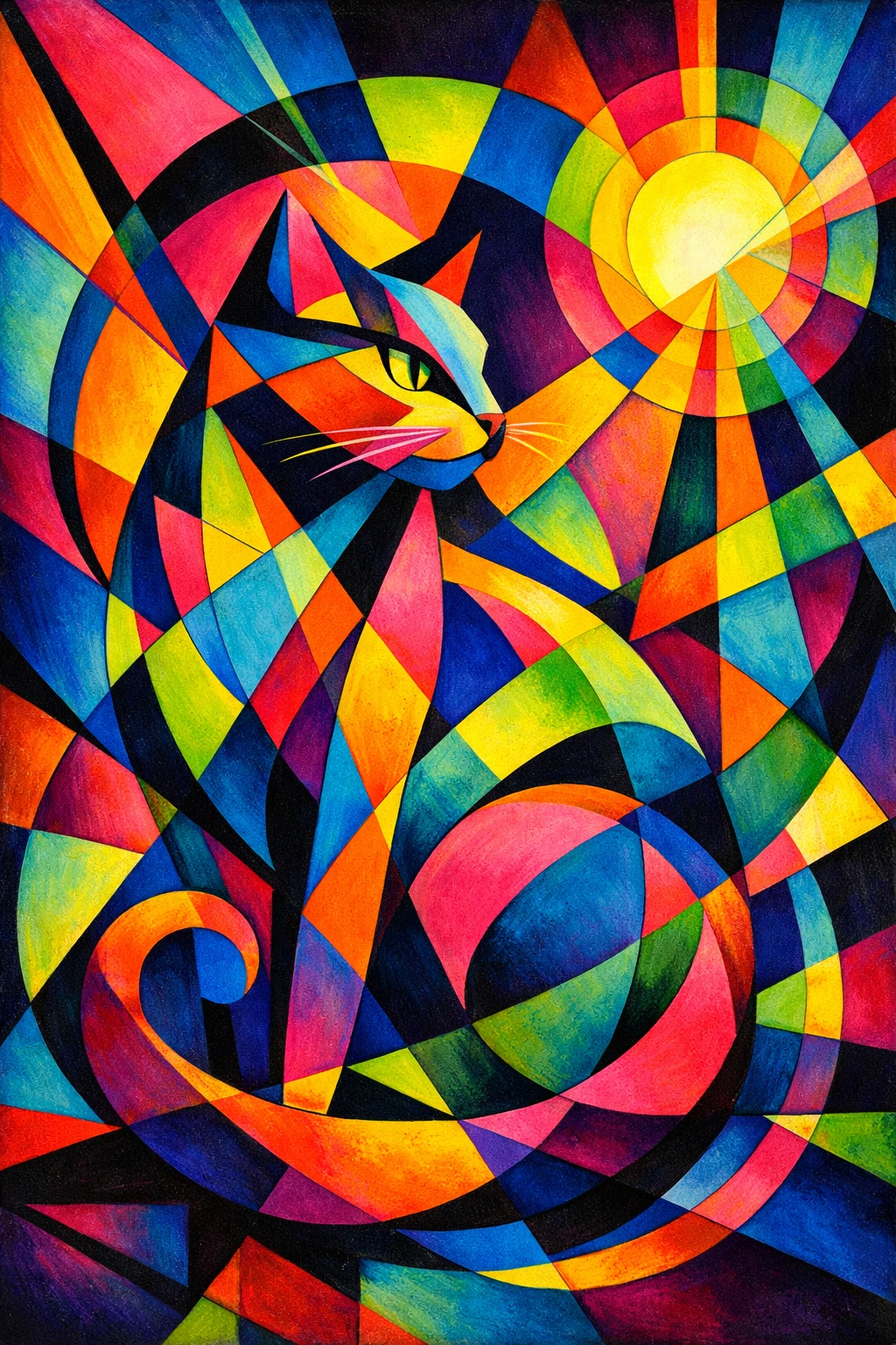 Gato neon abstrato em formas geométricas dinâmicas