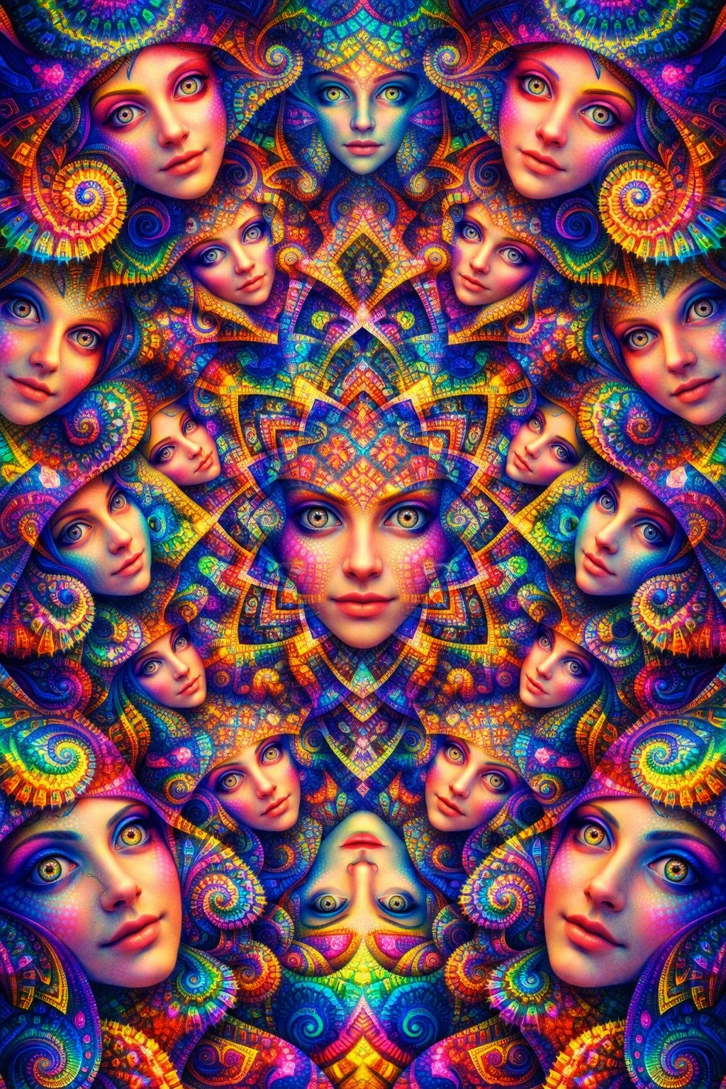 Hypnotisches fraktales Kaleidoskop aus Gesichtern und wandelnder Geometrie
