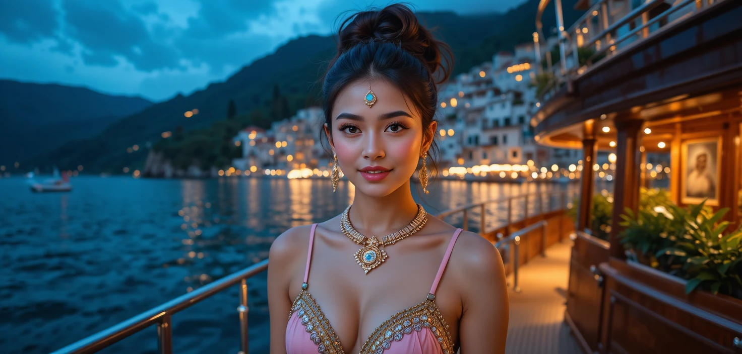 Ritratto di una ragazza indiana su uno yacht di notte