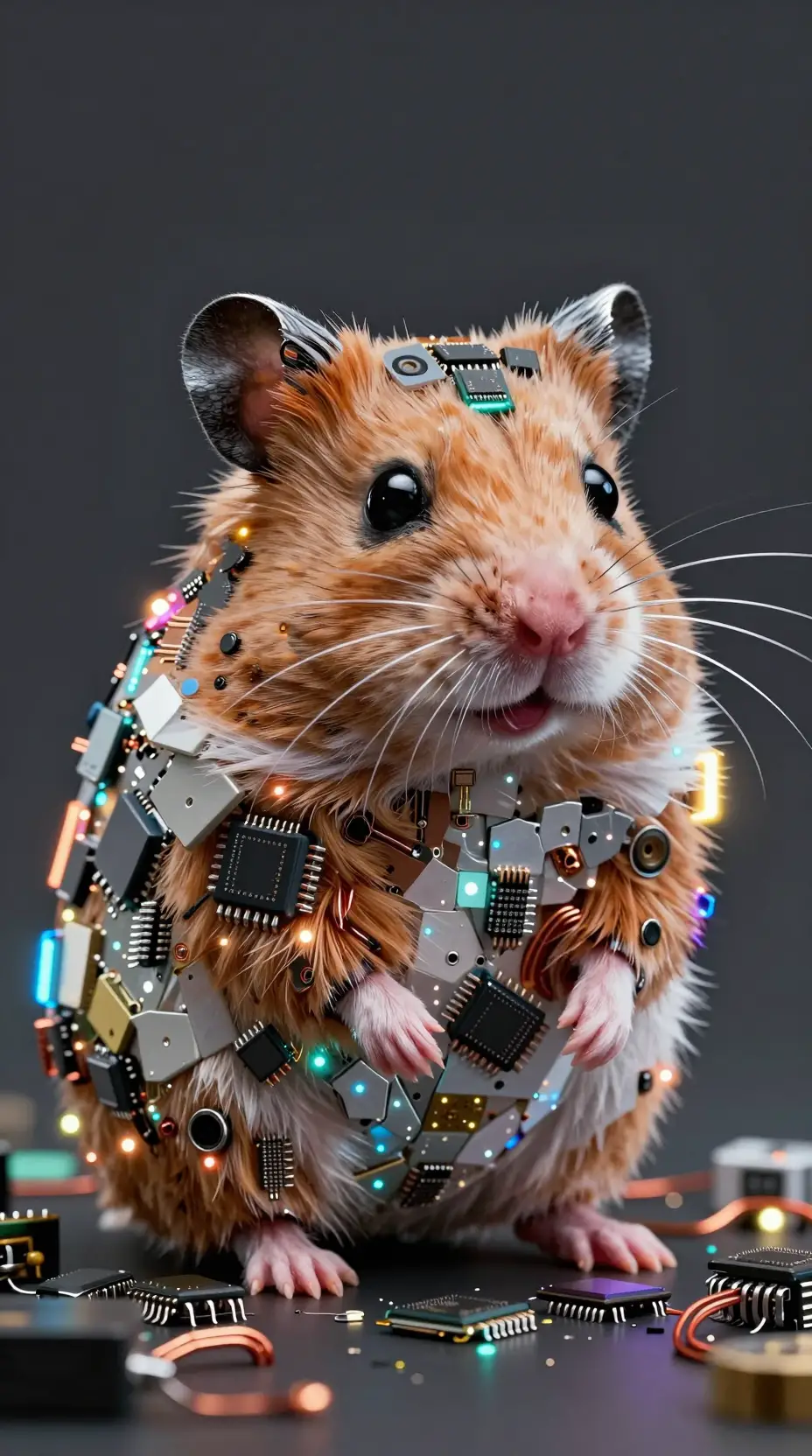 Mosaico di Criceto Realizzato con Componenti Elettronici e Luci al Neon