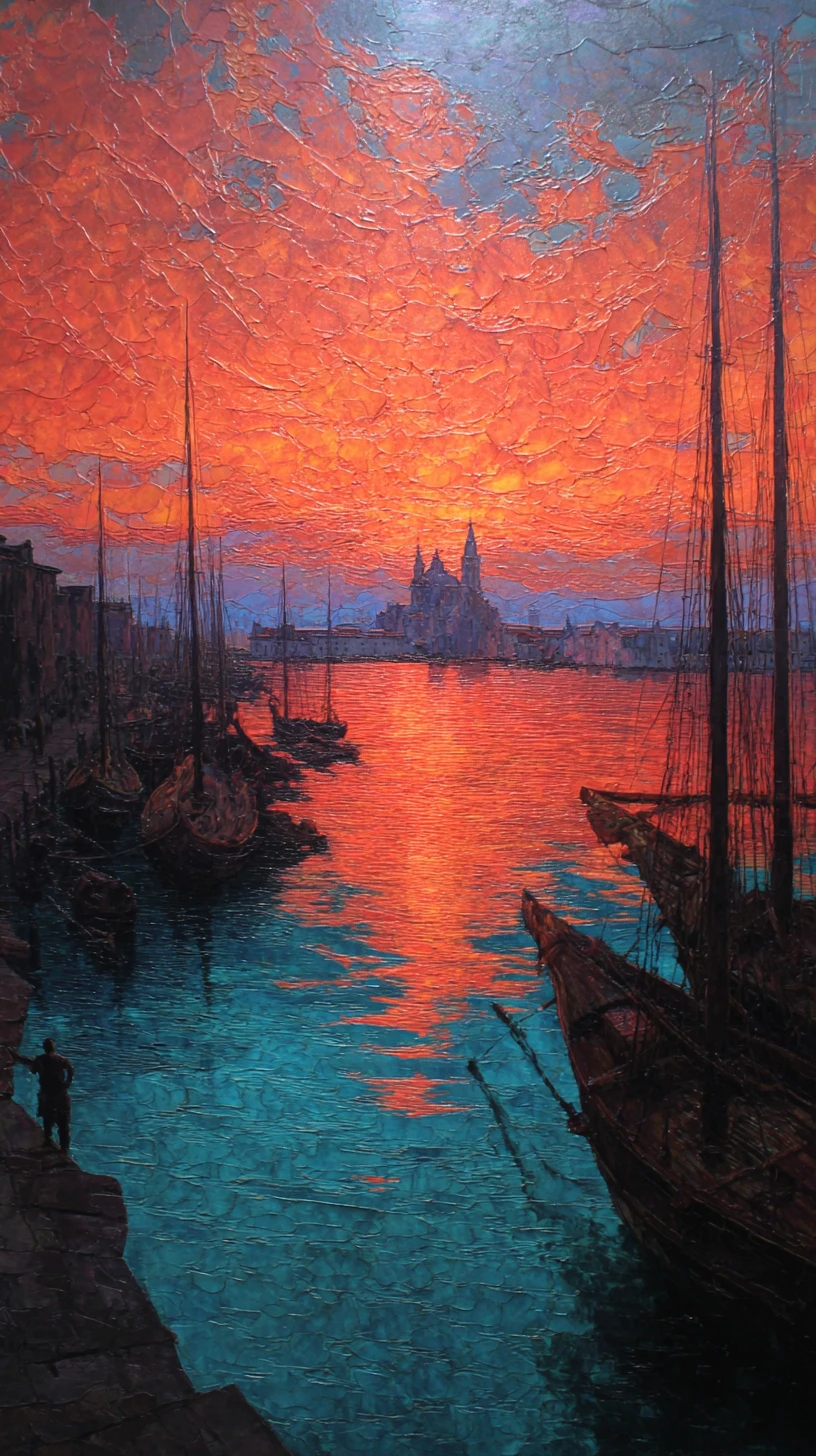 Navios no porto veneziano brilhando sob um céu de pôr do sol como cera derretida