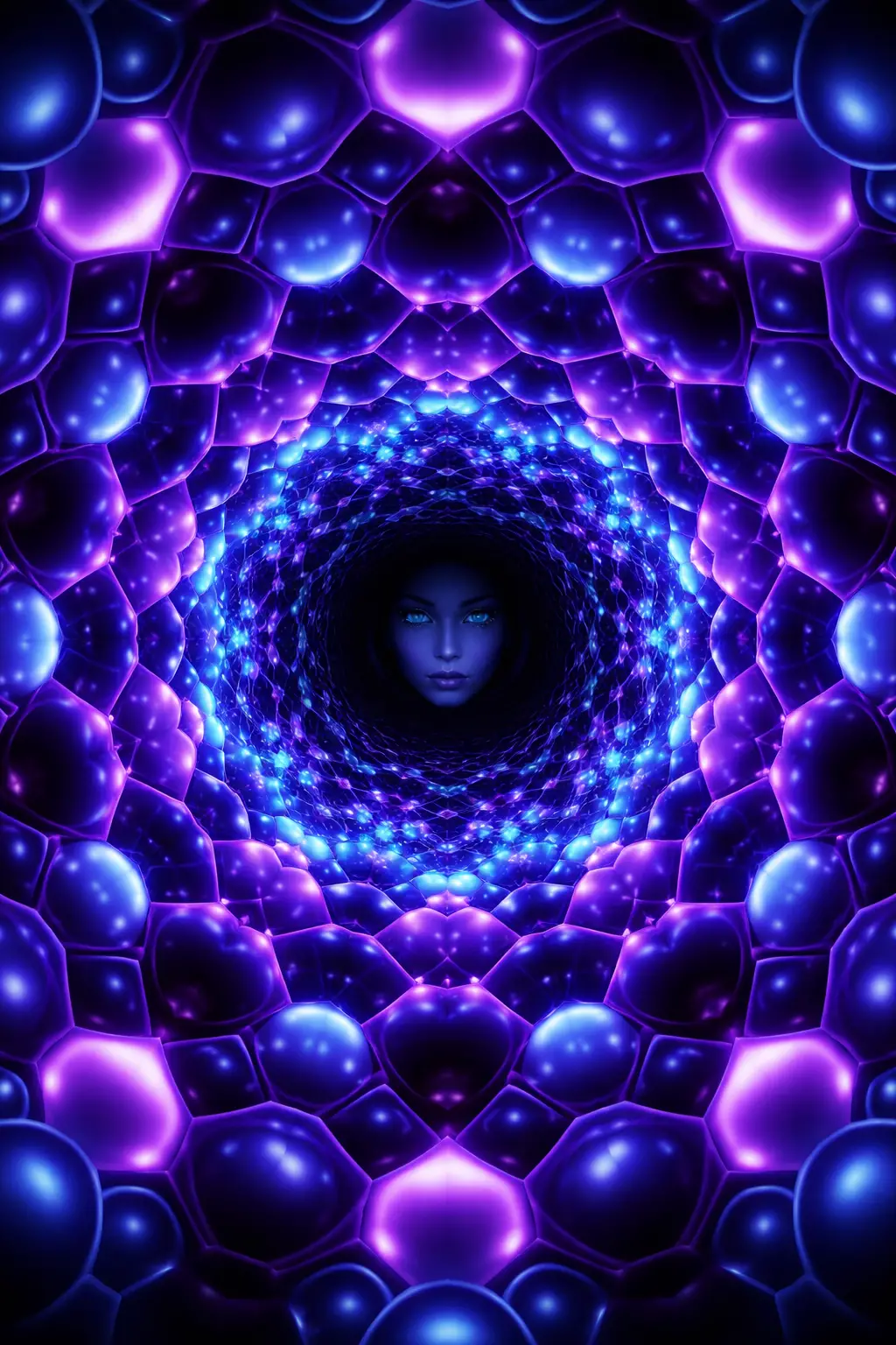 Spiraling geometric tunnel with glowing blue and purple shapes