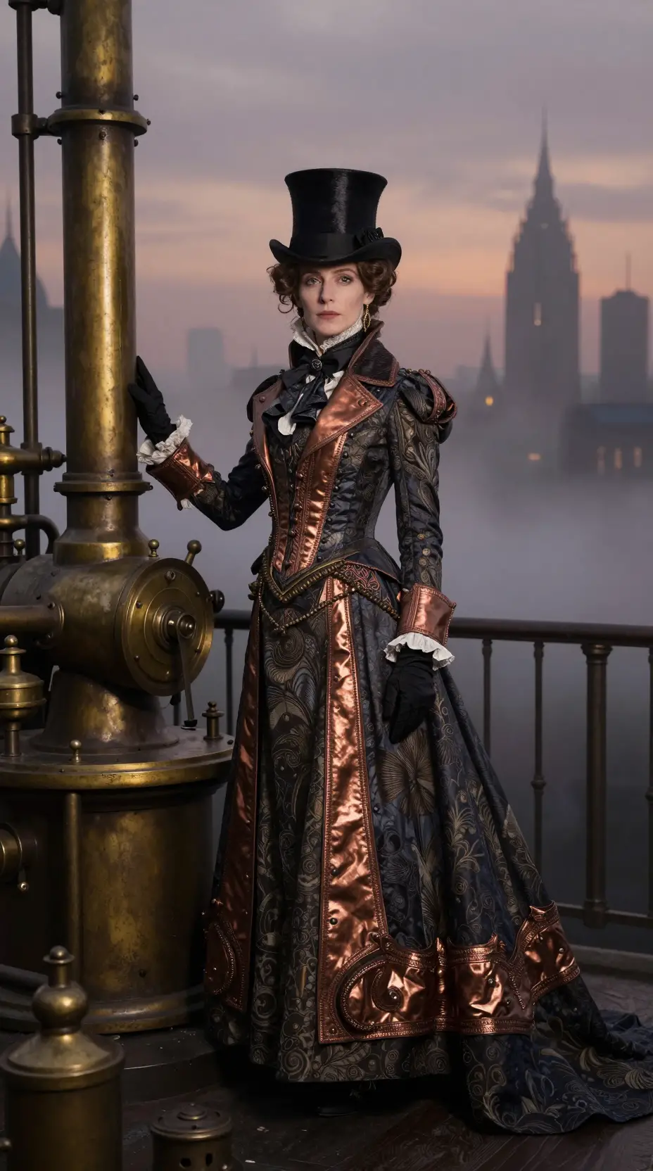 Femme victorienne de science-fiction dans une ville industrielle brumeuse au crépuscule