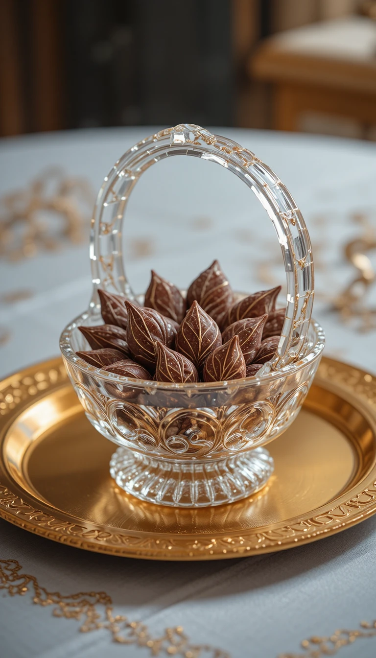 Bandeja dourada com cesta de cristal e folhas de halva de chocolate