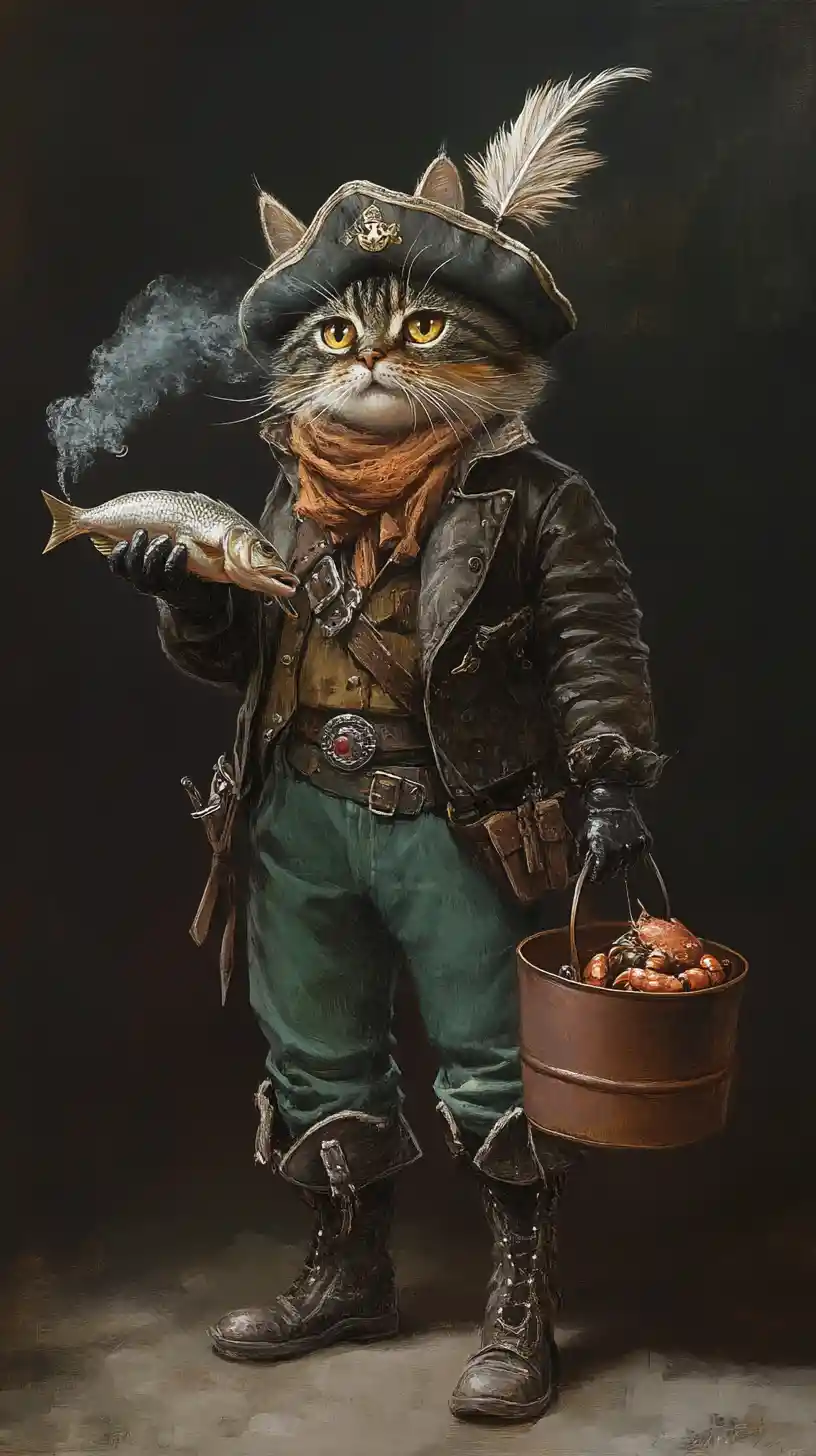 魚とカニ入りバケツを持つ擬人化した海賊猫