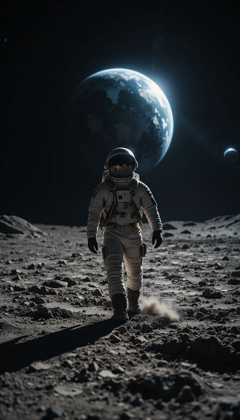 Astronauta solitario cammina sulla Luna sotto una luce solare drammatica