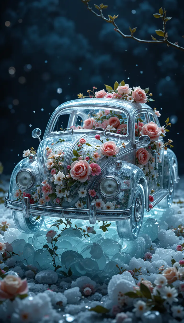 Aus Eis gefertiges Spielzeugauto, umgeben von Blumen und Efeu