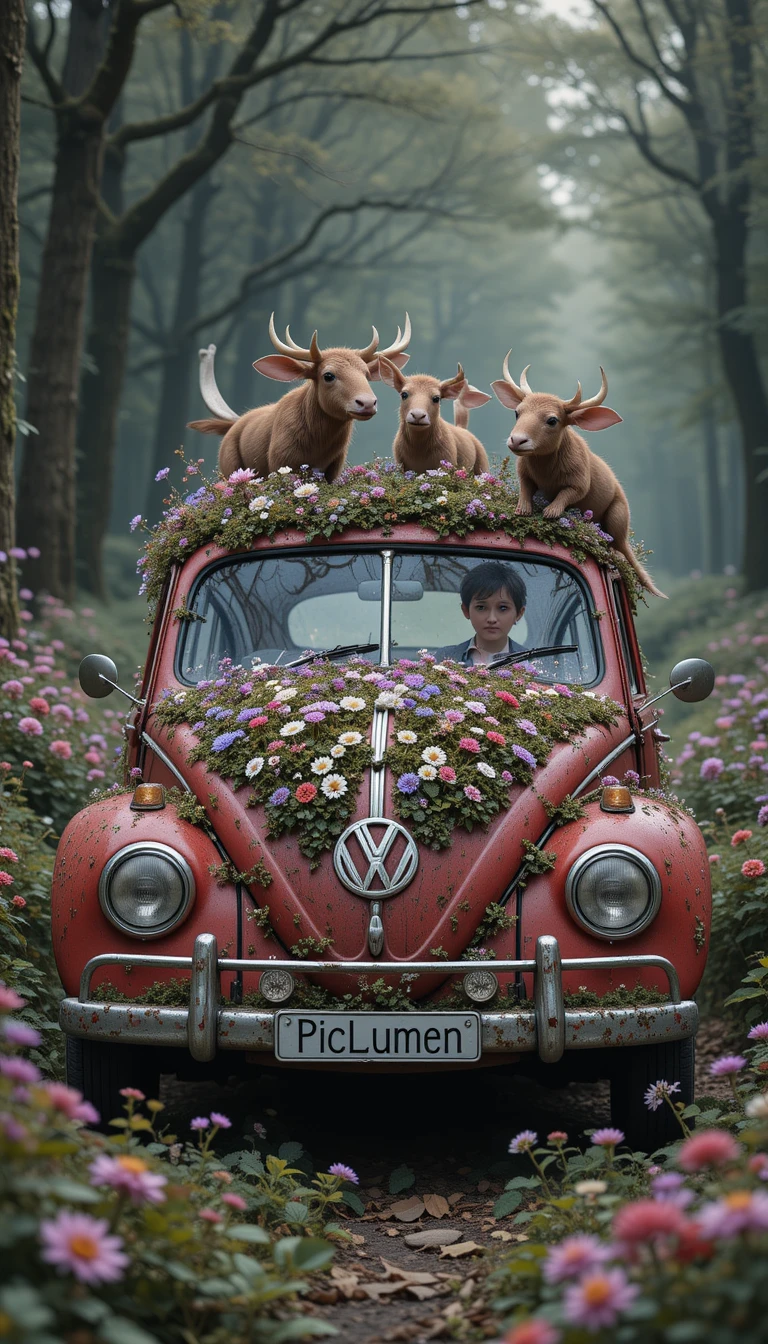 Velho fusca vermelho coberto de musgo e flores silvestres