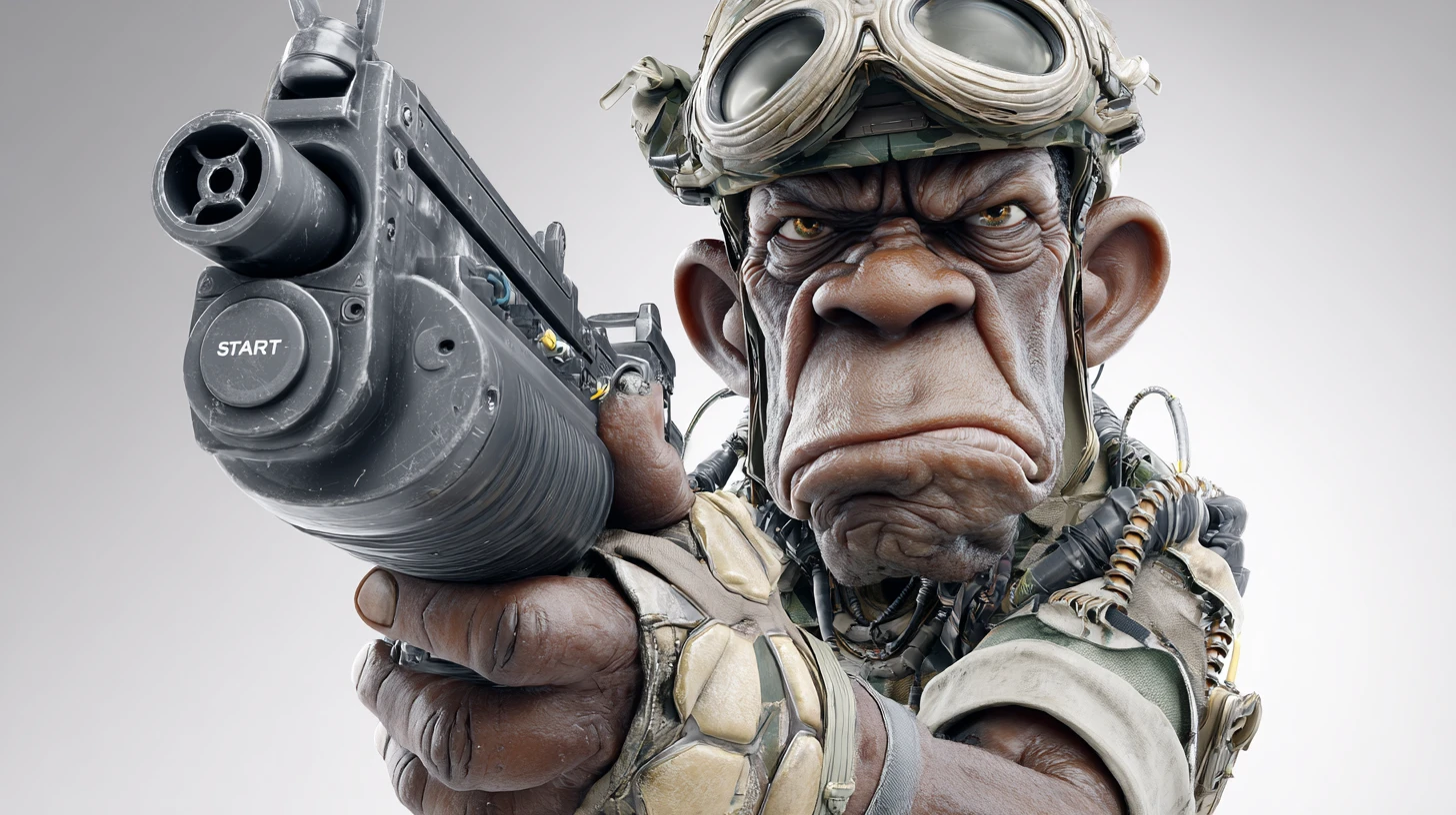 Personagem fuzileiro colonial 3D com smartgun em fundo branco