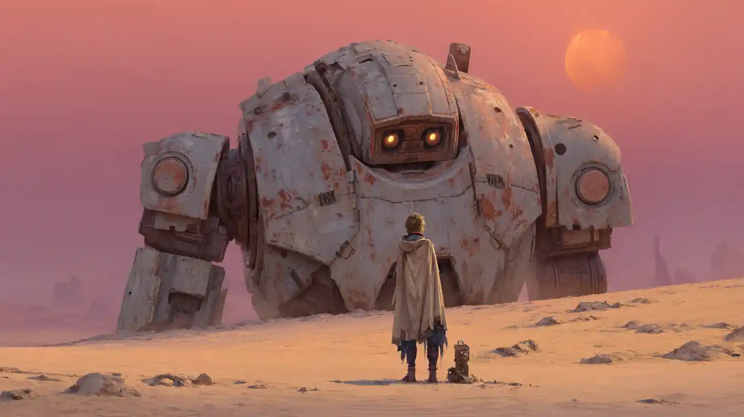 Scavenger solitario che attraversa un mondo desertico di robot caduti