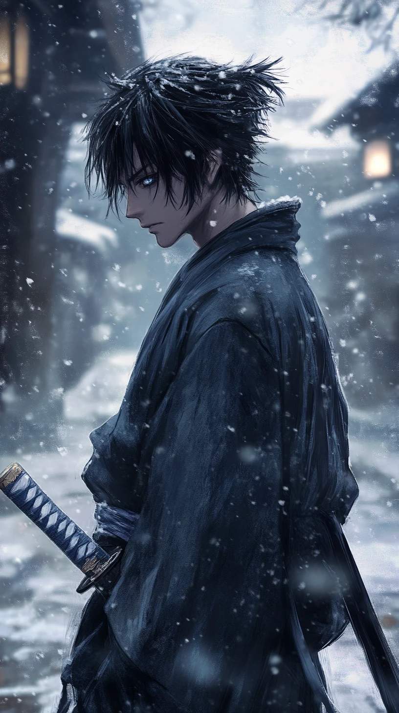 Espadachim sombrio de anime na neve caindo em rua deserta