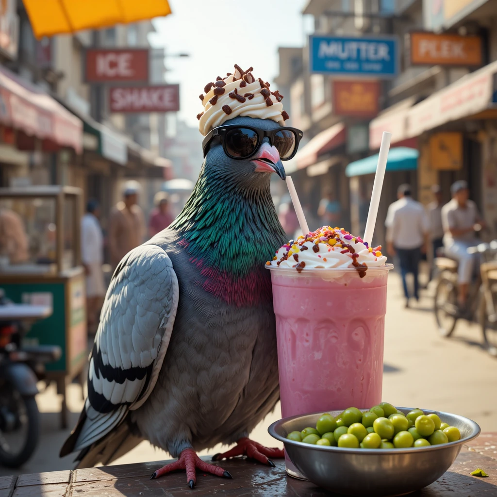 インドの屋台でサングラスをかけたシネマティックなハト