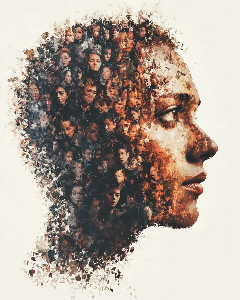 Abstract mosaic of small faces forming a larger portrait