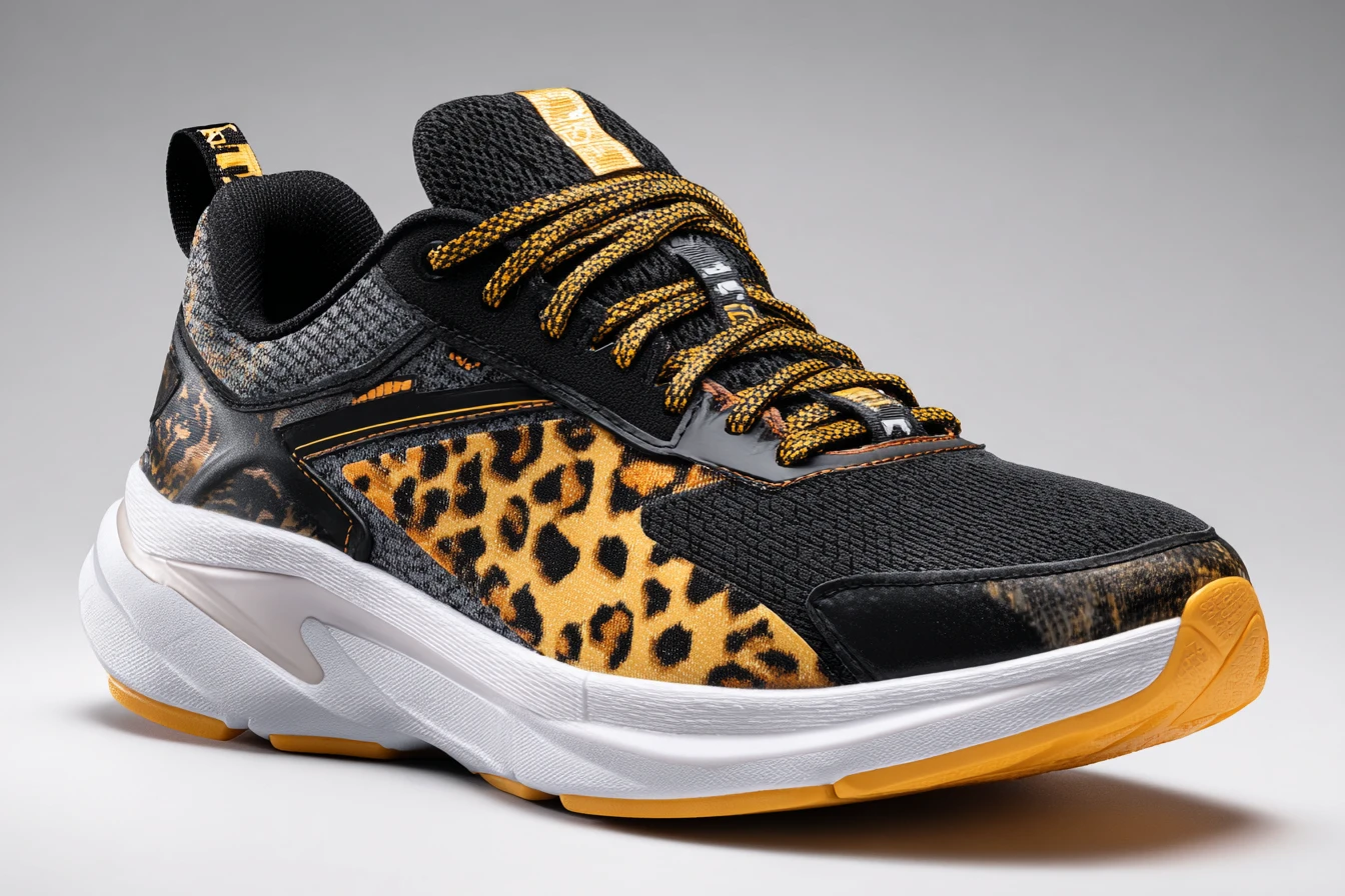 Tênis de corrida esportivos preto e dourado com tema de gato bengal