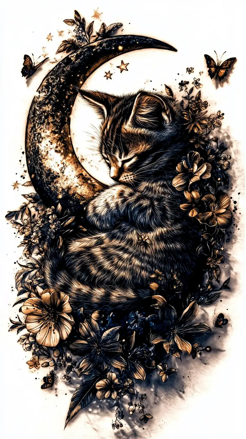 Delicate kitten curled around a crescent moon with florals