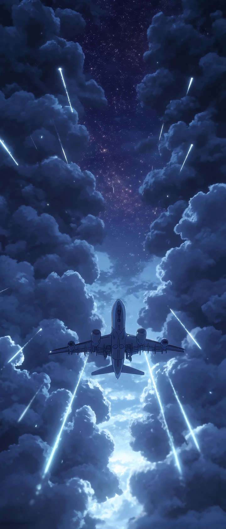 Piloto de anime voando por fragmentos de sonhos brilhantes à noite