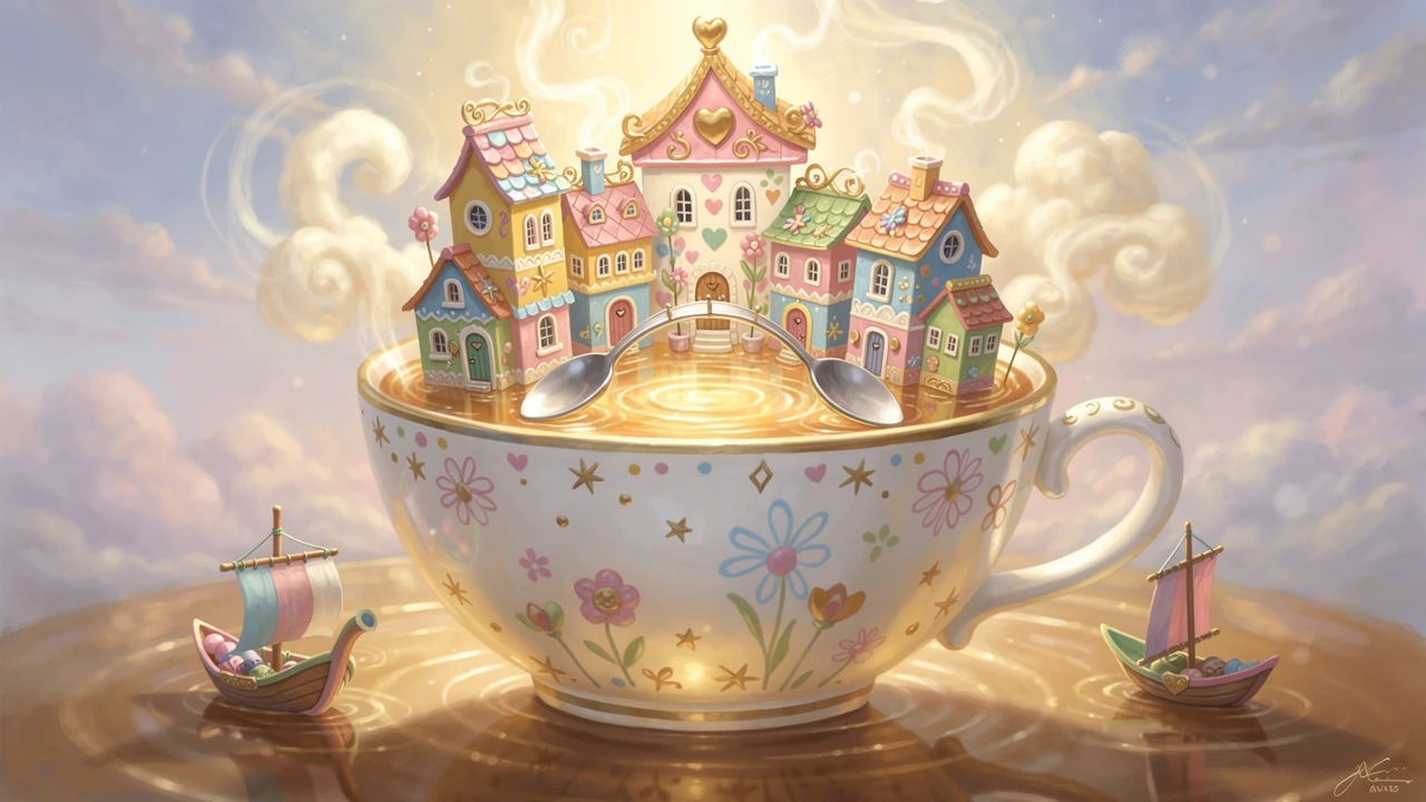 Vila minúscula surreal flutuando em uma xícara de porcelana luminosa