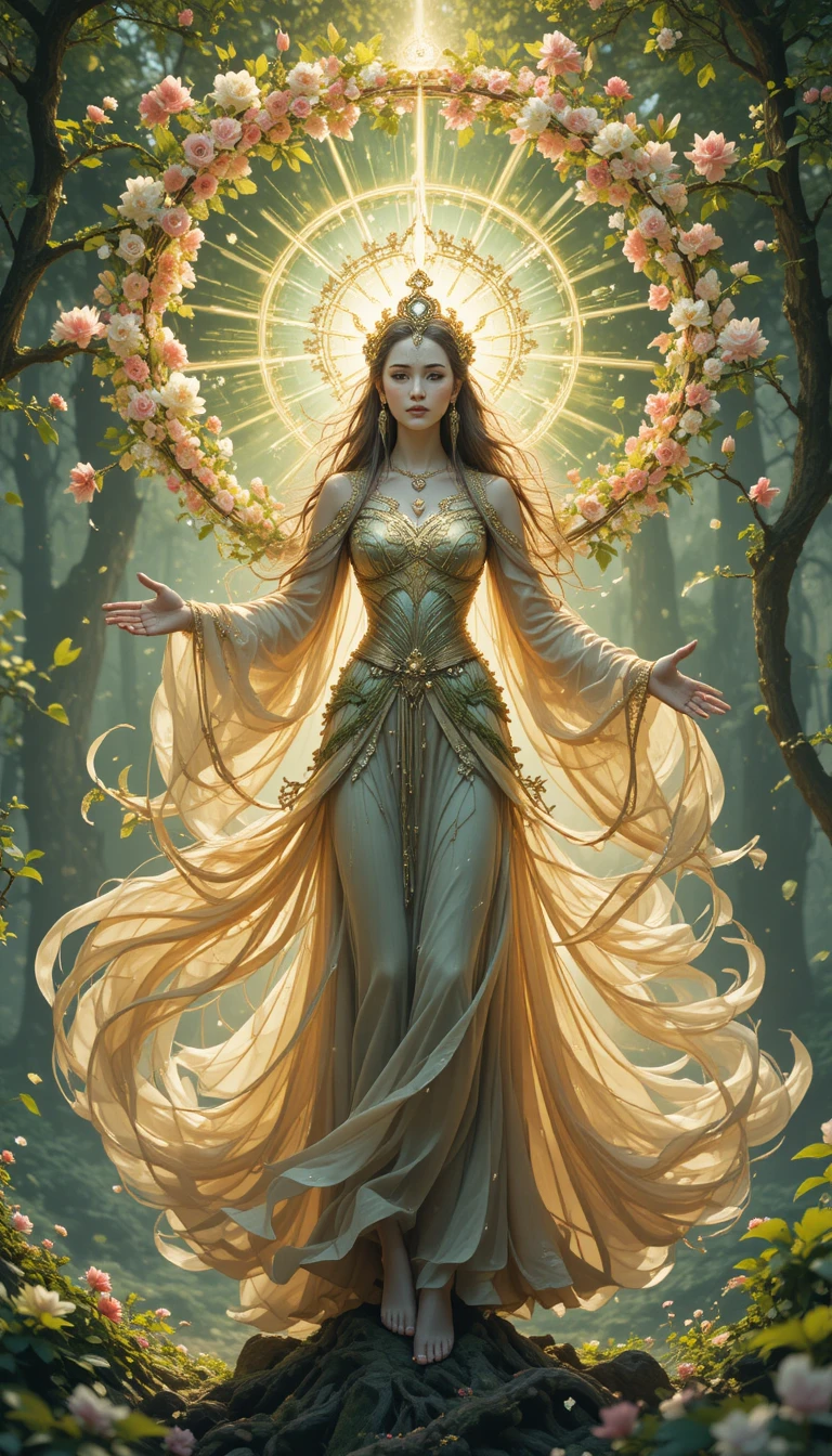 Diosa de mayo envuelta en fluidas túnicas florales de primavera