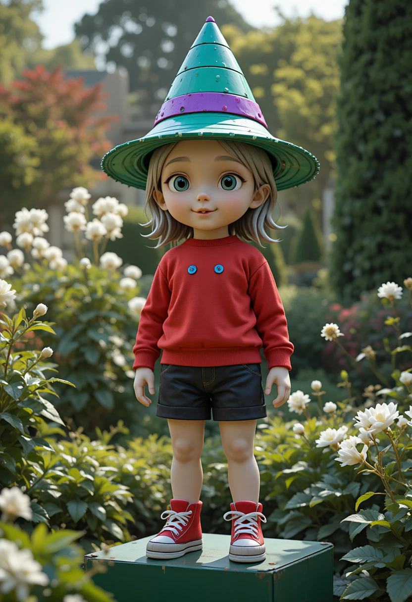 Estátua lúdica de boneca infantil em um jardim florido