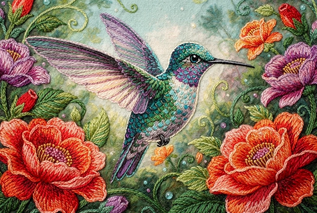 Beija-flor bordado pairando ao lado de flores em um jardim exuberante