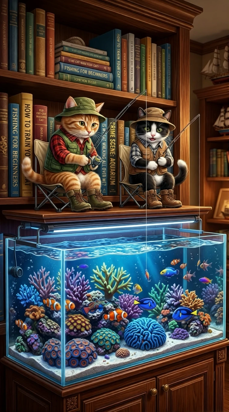 Gatos pescadores antropomórficos sobre um aquário brilhante